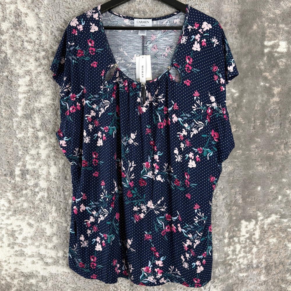 New Carmen Marc Valvo Plus Size 3X Floral Polka Dot Keyhole Blouse Navy Women